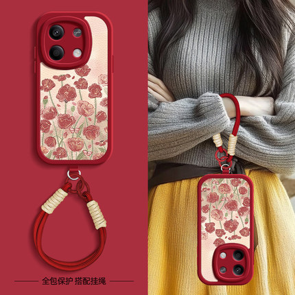 月季花适用红米note14手机壳note13pro+/12小米redminote11Tpro新款turbo3/10/9/8/7春夏斜挎挂绳女款