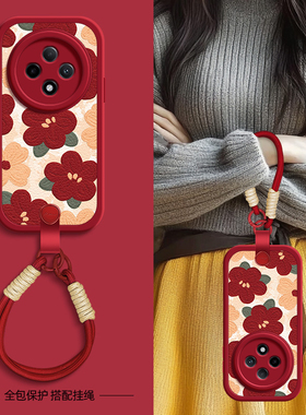 红色花瓣适用OPPOA3pro手机壳A2/A11X保护套A3 5G/A35/36/53/56/新款A9X/A93/A93s秋冬新年挂绳A95/96/97女
