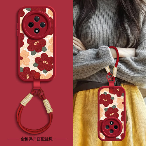 红色花瓣适用OPPOA3pro手机壳A2/A11X保护套A3 5G/A35/36/53/56/新款A9X/A93/A93s秋冬新年挂绳A95/96/97女