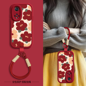 红色花瓣适用荣耀60手机壳华为50pro保护套v40轻奢版v30/v20荣耀30青春版20/20s秋冬新年挂绳可背pro+女款