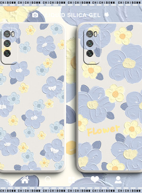 蓝色花朵适用华为畅享20手机壳女创意油画畅享20pro保护壳防摔畅享20z液态硅胶网红畅享20plus可爱情侣30plus