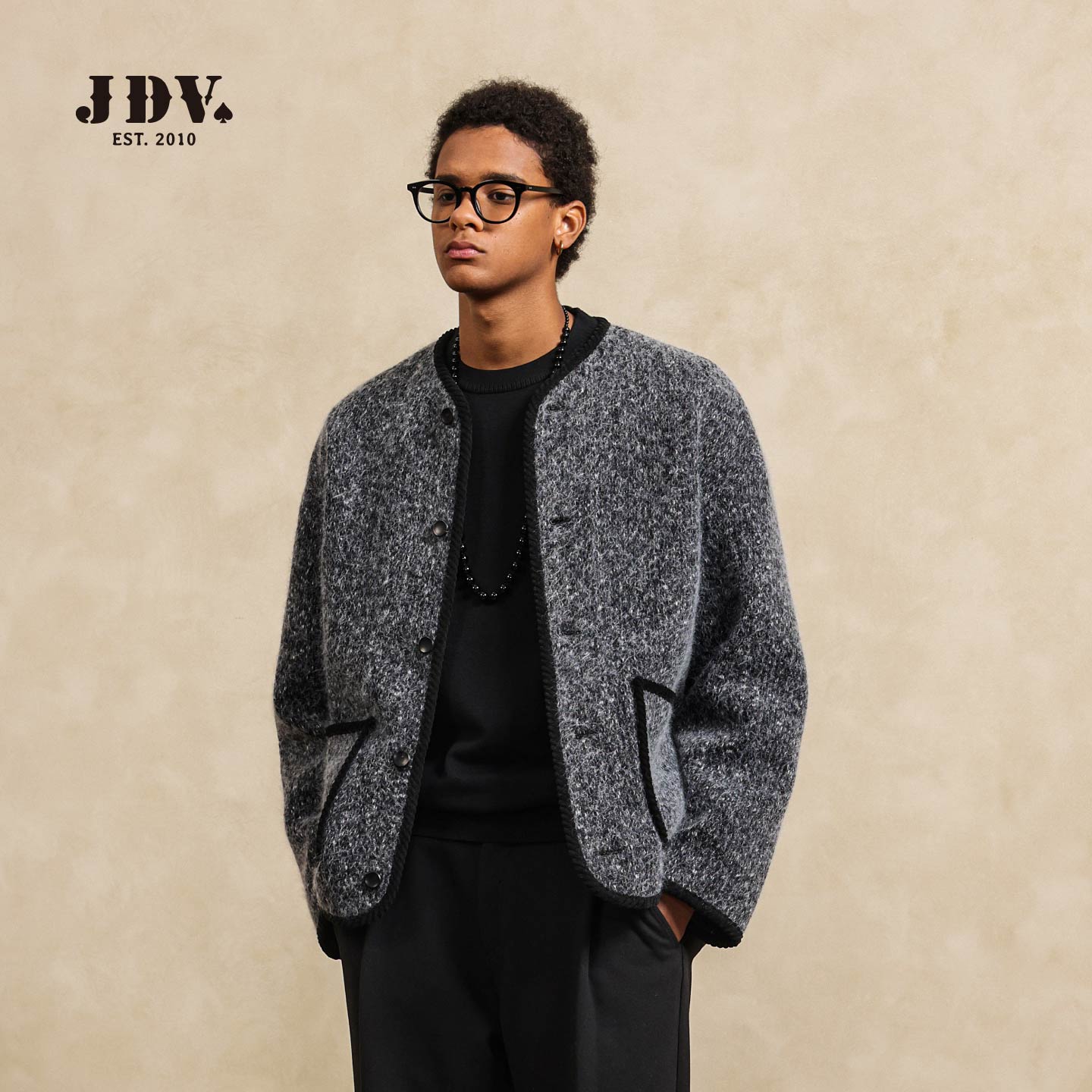JDV复古粗花呢保暖无领夹克