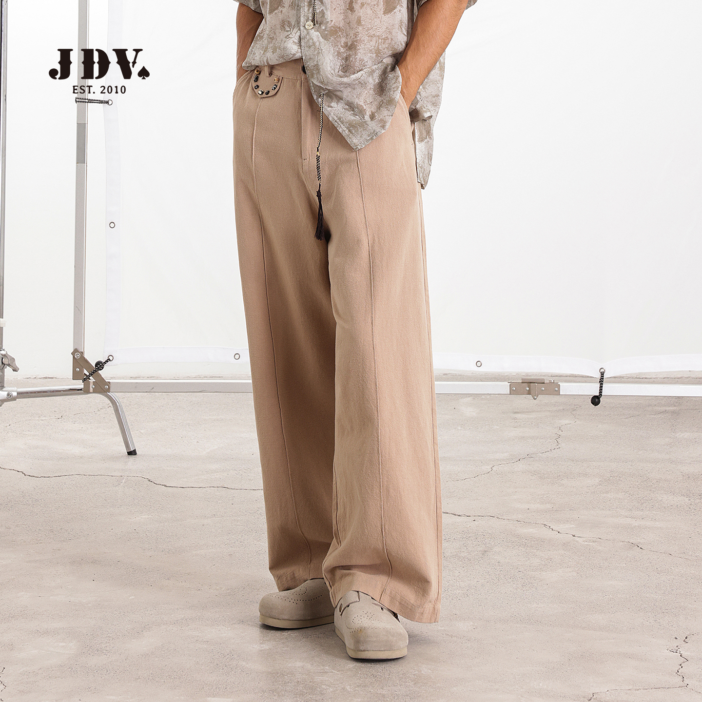 JDV商场同款男卡其色棉麻阔腿裤