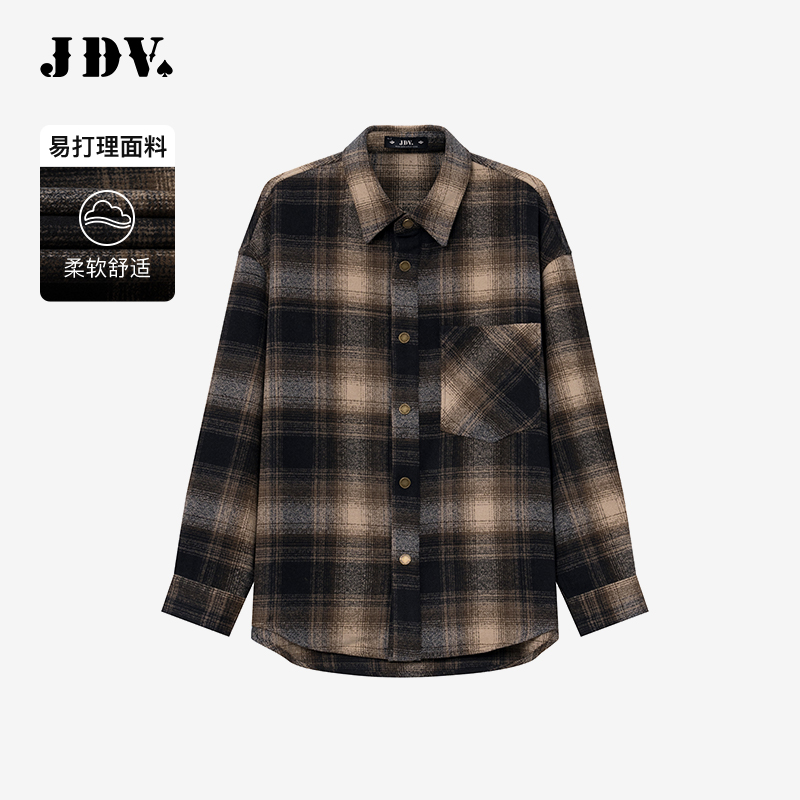JDV商场同款驼色格纹宽松衬衫