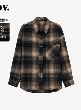 JDV商场同款春秋新款驼色格纹衬衫宽松衬衣上衣男士WIC4335