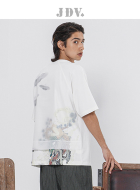 JDV夏季新品商场同款白色印花T恤男士宽松休闲短袖上衣STT3558