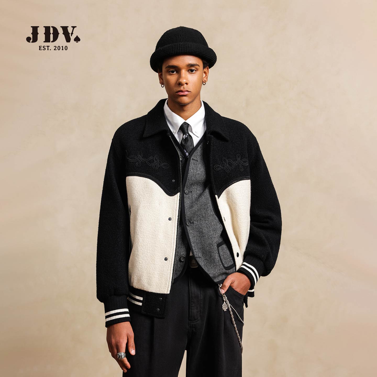 JDV商场同款黑白羽绒服2025年冬季新款复古羊毛羽绒服外套男款
