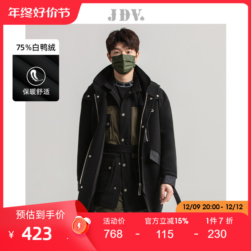 JDV男装商场同款秋冬新品黑色连帽拼接保暖中长款毛呢大衣外套
