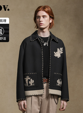 JDV商场同款复古墨西哥夹克时尚潮流男装黑色刺绣宽松休闲外套