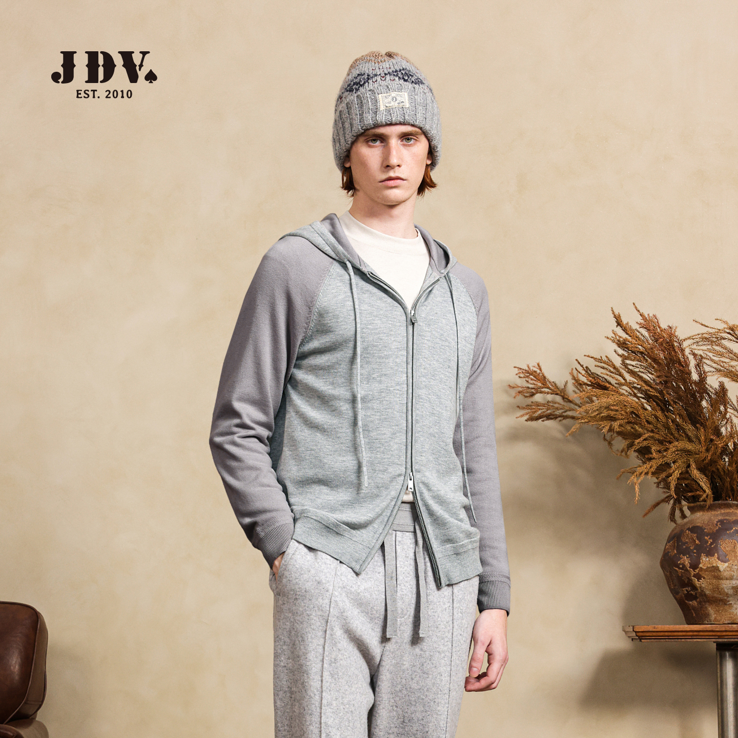 JDV商场同款绵羊毛连帽卫衣开衫2025年秋季新款休闲百搭针织衫