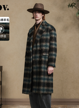 JDV商场同款秋冬格纹戗驳领长款绵羊毛大衣外套时尚男装WCO4529