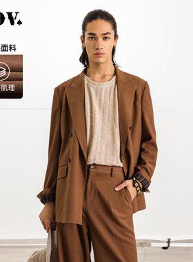 JDV男装商场同款春秋新款棕色男士双排扣西装外套时尚西服SMM50P3