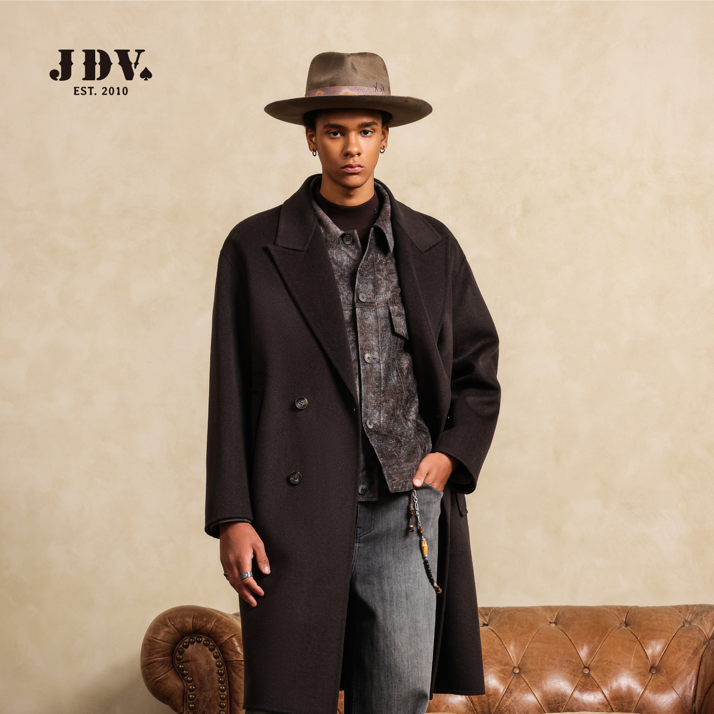JDV商场同款深棕色戗驳领羊毛呢大衣2025秋冬新款男士长款外套