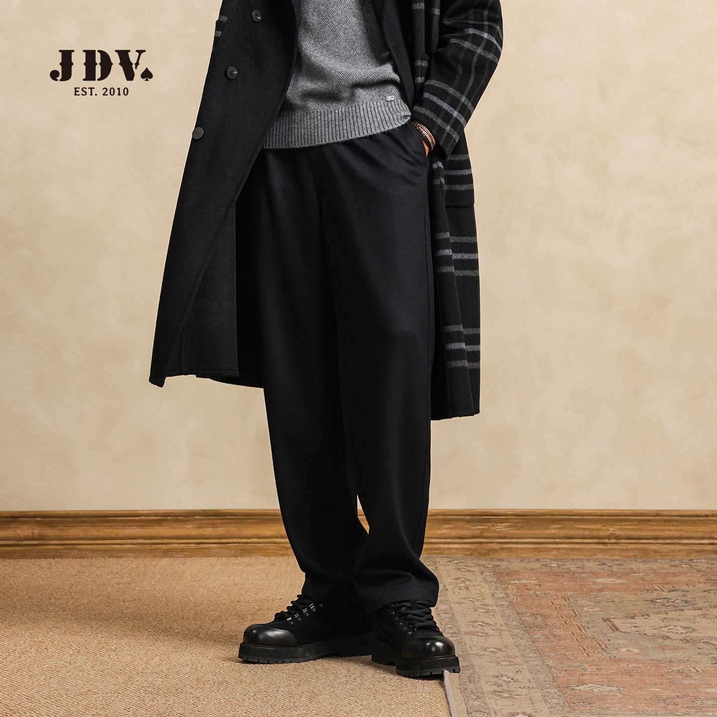 JDV黑色羊毛混纺老钱风休闲裤