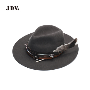 JDV棉羊毛复古做旧毛呢帽毡礼帽羽毛装 饰平沿包边WHT5824