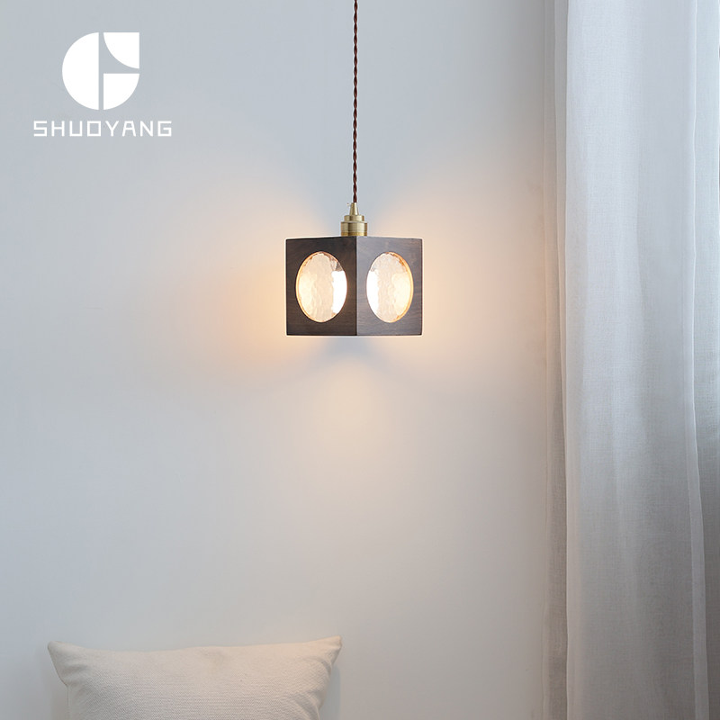 烁阳北美黑胡桃木吊灯复古卧室床头吧台岛台海棠花玻璃侘寂风灯具