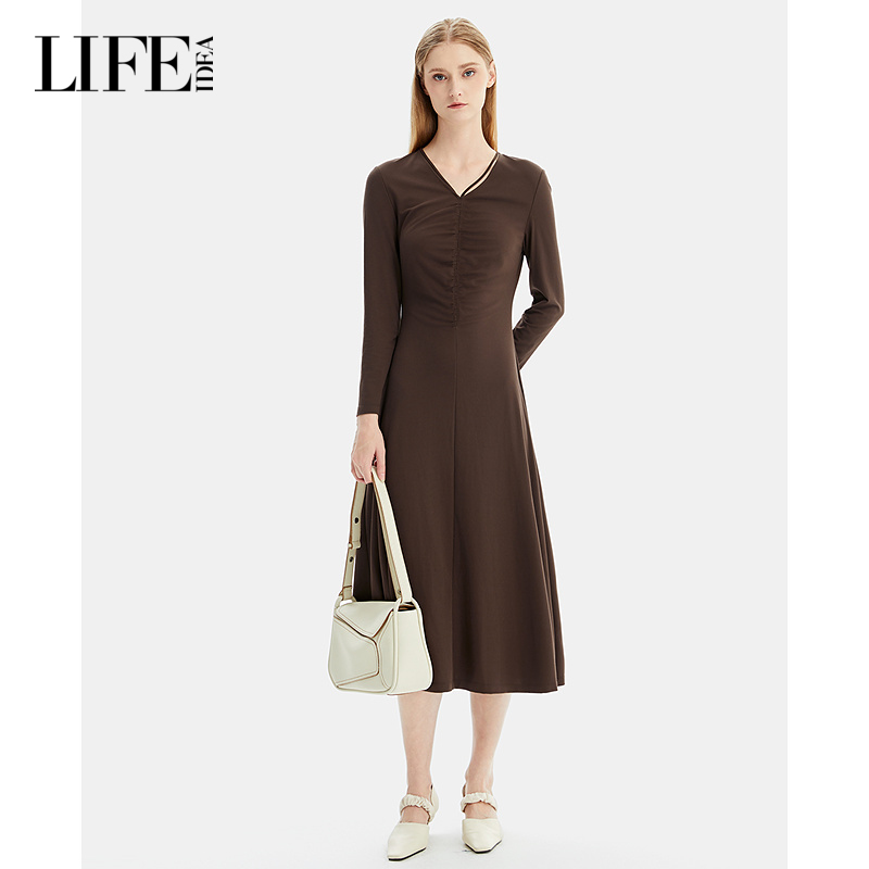 LIFE·IDEA商场同款2025春季新品修身显瘦优雅中长袖连衣裙
