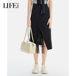 开衩设计拼接A字牛仔长裙 新品 LIFE·IDEA商场同款 2025春季