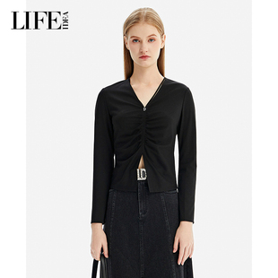 褶皱显瘦V领性感女长袖 新品 上衣 2025春季 LIFE·IDEA商场同款