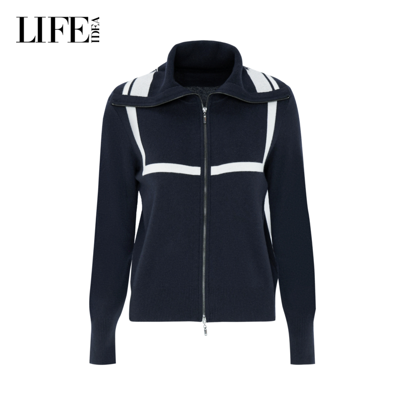 LIFE·IDEA早秋美式复古海军领拉链外套修身显瘦女款开襟针织衫