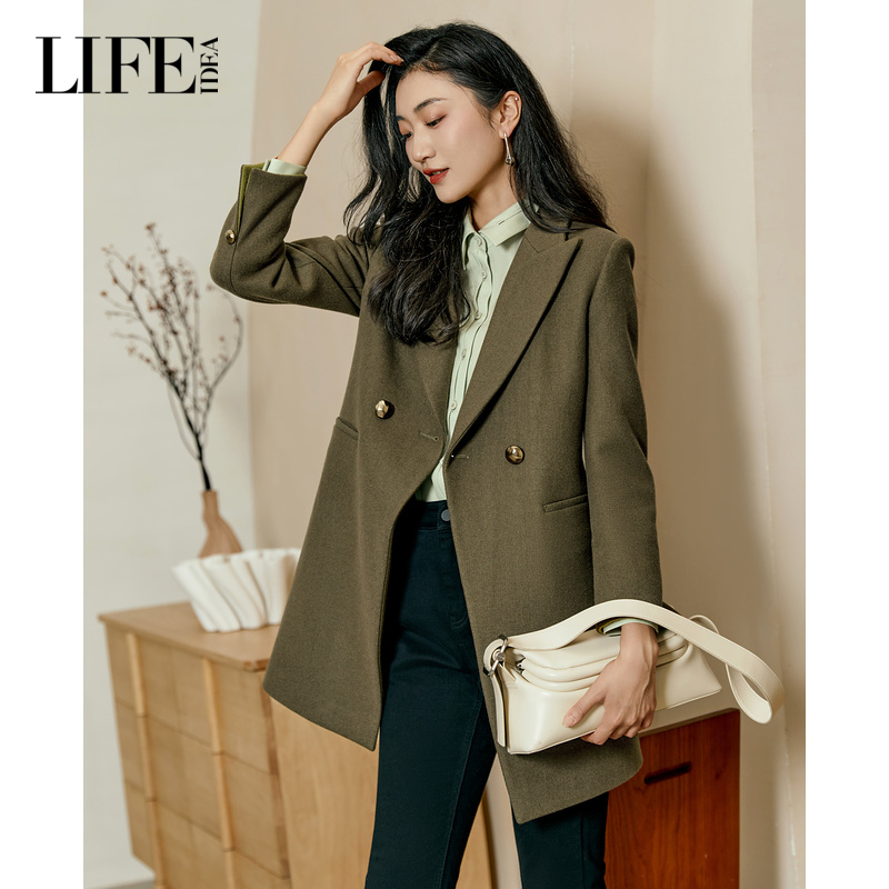 莱芙·艾迪儿中长款大衣女宽松显瘦西装领双排扣毛呢外套通勤百搭