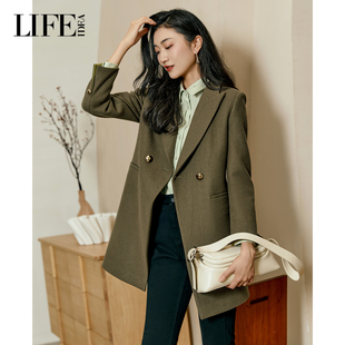 LIFE·IDEA中长款 领双排扣毛呢外套通勤百搭 大衣女宽松显瘦西装
