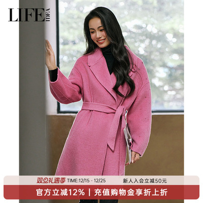 LIFE·IDEA2025年冬季新款中长款羊毛混桑蚕丝毛呢大衣外套女