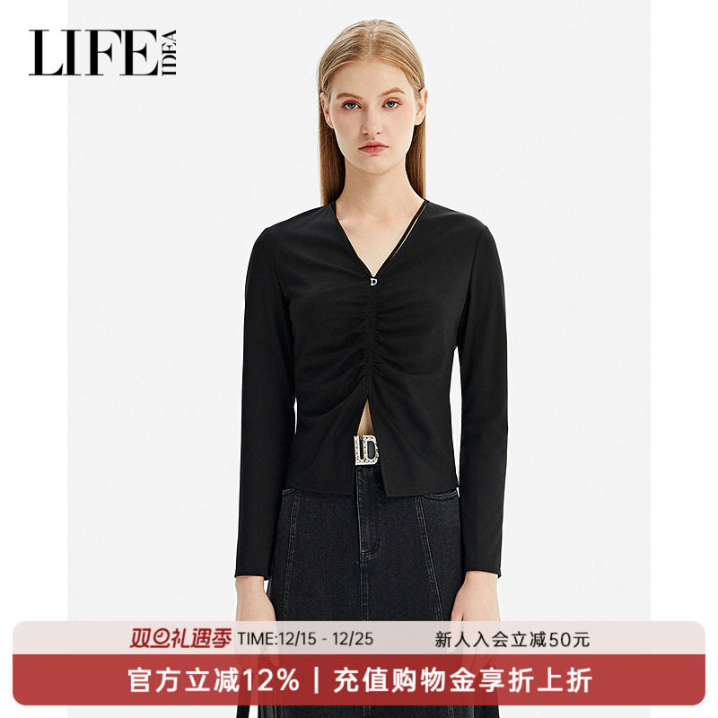 LIFE·IDEA商场同款2025春季新品褶皱显瘦V领性感女长袖上衣
