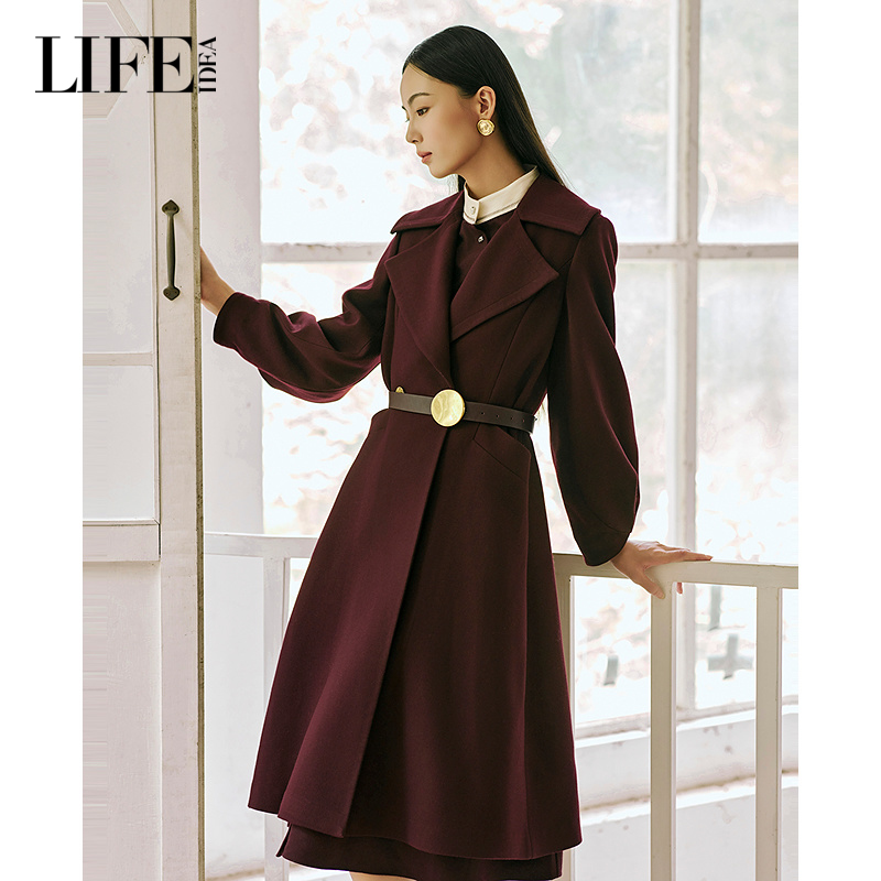 LIFE·IDEA2025年冬季新款安可拉红羊毛混纺双面毛呢大衣外套女