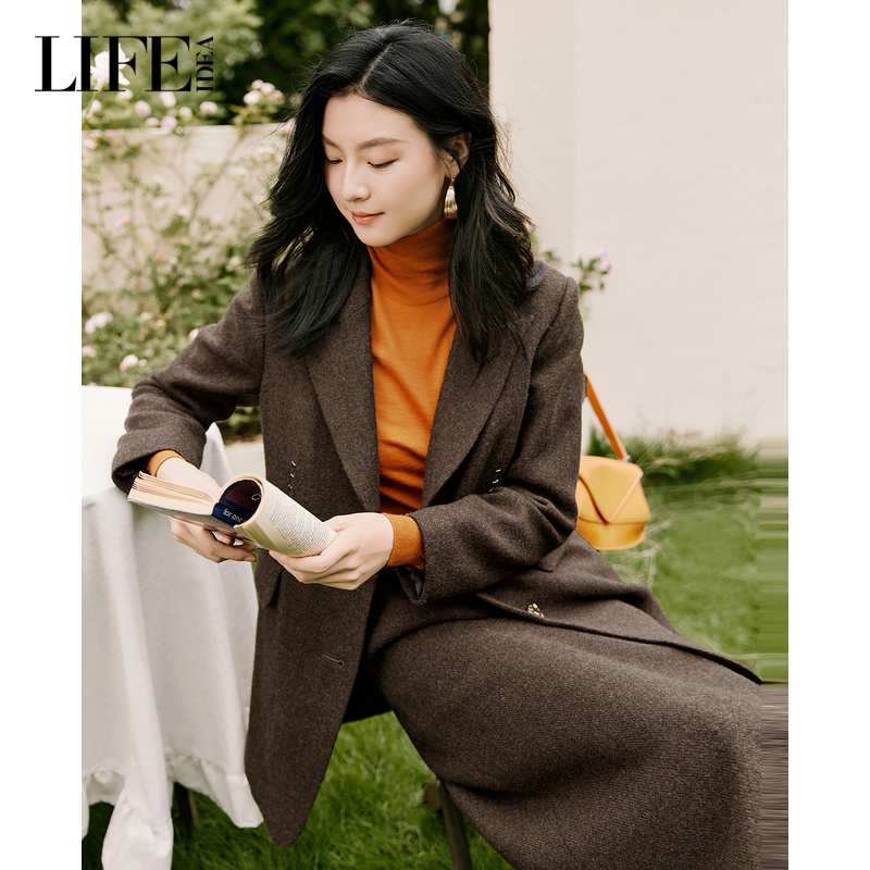 莱芙·艾迪儿西装领毛呢外套女中长款显瘦金属纽扣通勤百搭大衣