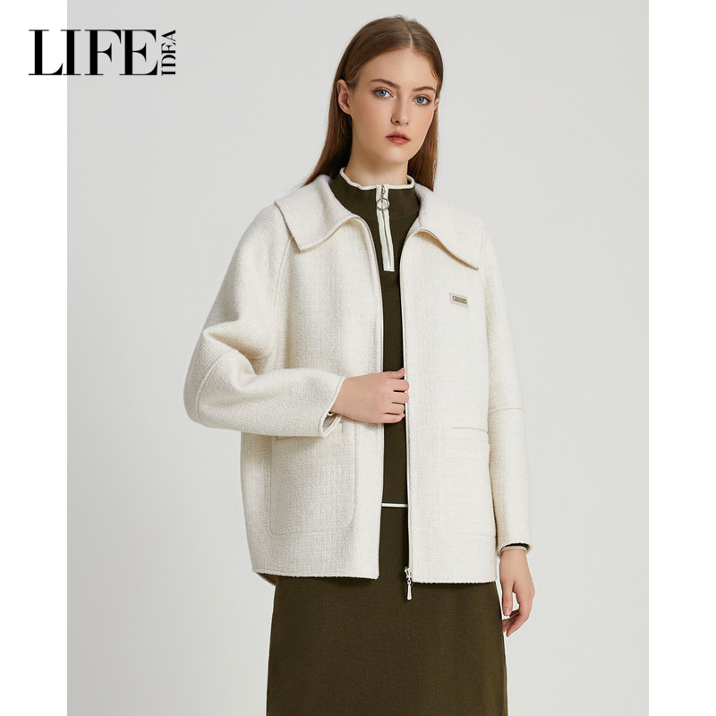 莱芙·艾迪儿米白色双面呢短款大衣女宽松显瘦翻领拉链毛呢外套