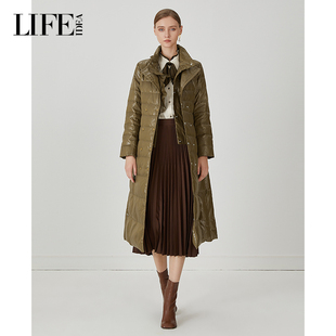 LIFE·IDEA长款 羽绒服女亮面收腰显瘦翻领通勤百搭气质保暖外套