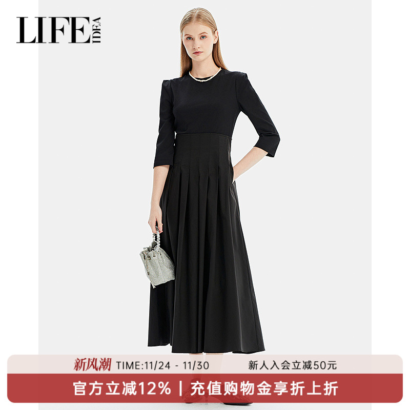 LIFE·IDEA商场同款2025春季新品显瘦中长袖圆领褶皱连衣裙