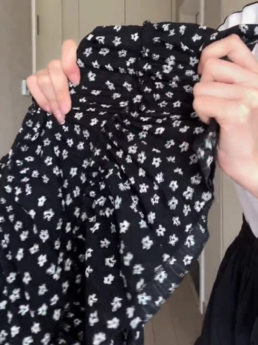 Черная летняя юбка, милая мини-юбка, цветочный принт, А-силуэт, высокая талия