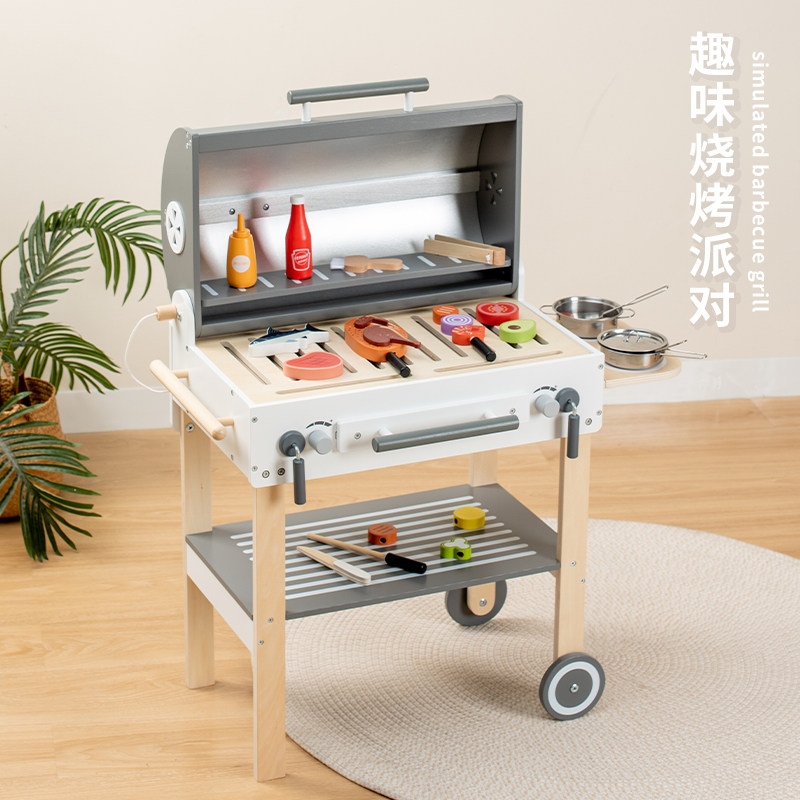 仿真烧烤炉玩具声效光木质烤炉串