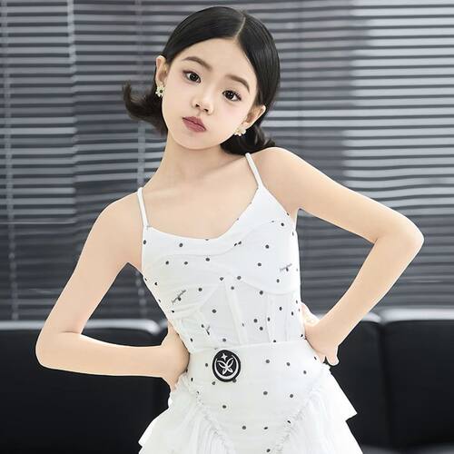 星辰拉丁舞服「波点芭蕾」奶茶波点儿童拉丁舞练功服