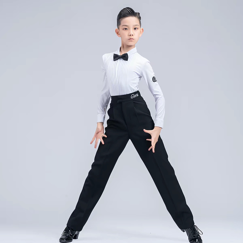歌瑞亚少儿舞服新款男士拉丁 长袖白衬衣黑裤子夏比赛规定服5104