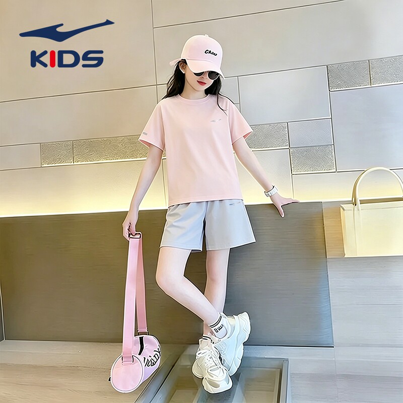 鸿星尔克女童装儿童短袖运动套装夏季薄款大童透气速干短裤两件套
