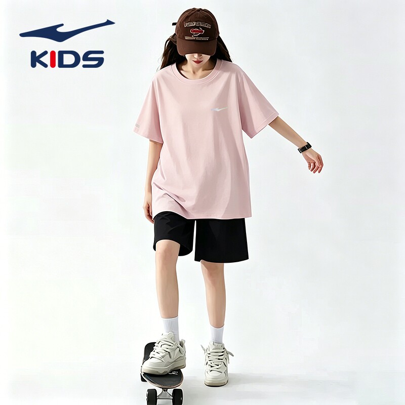 鸿星尔克女童装儿童短袖运动套装夏季薄款大童透气T恤短裤两件套