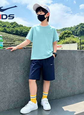 鸿星尔克男童装儿童短袖运动套装夏季2026新款中大童透气短裤正品