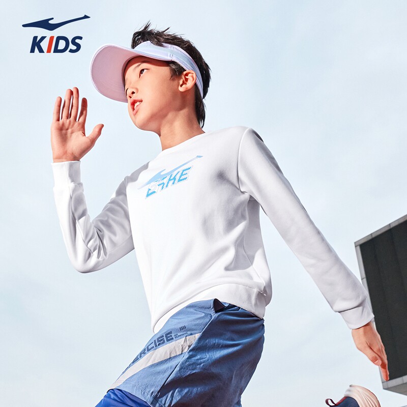 鸿星尔克童装男童加绒保暖卫衣2026白色秋冬卫衣大童长袖运动上衣