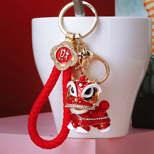 中国风招财镶水钻狮子汽车钥匙扣女创意可爱包包挂件醒狮钥匙链圈