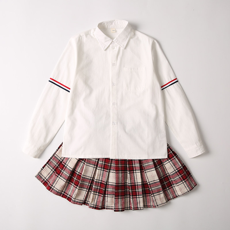 儿童长袖衬衫短裙套装纯棉春秋学院风英伦小学生校服