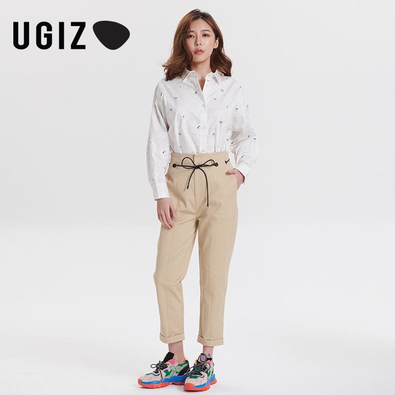 UGIZ春季新品韩版女装时尚腰间抽绳休闲九分铅笔裤女UAPE112