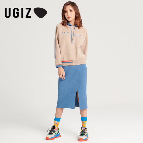 UGIZ纯色开叉松紧腰针织半身裙