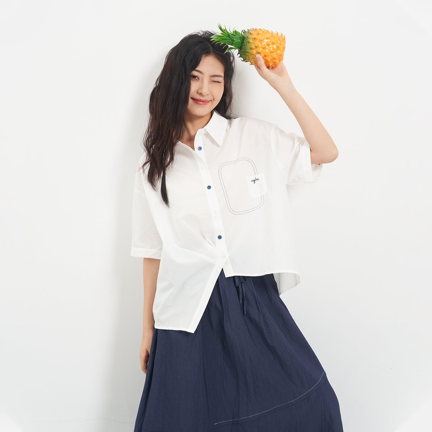 韩版不规则下摆短袖衬衫