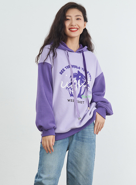 UGIZ 23年冬新品韩版女装宽松连帽撞色拼接印花加绒卫衣UDTG916