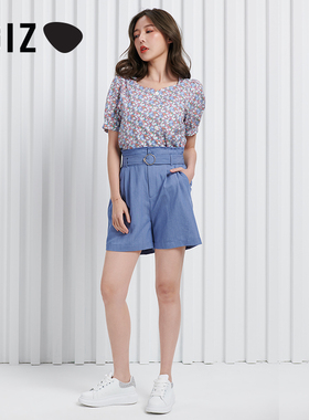 UGIZ夏季新品韩版女装甜美风百搭小v领短袖碎花衬衫女UBSE386