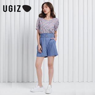 新品 女装 UGIZ夏季 韩版 女UBSE386 甜美风百搭小v领短袖 碎花衬衫