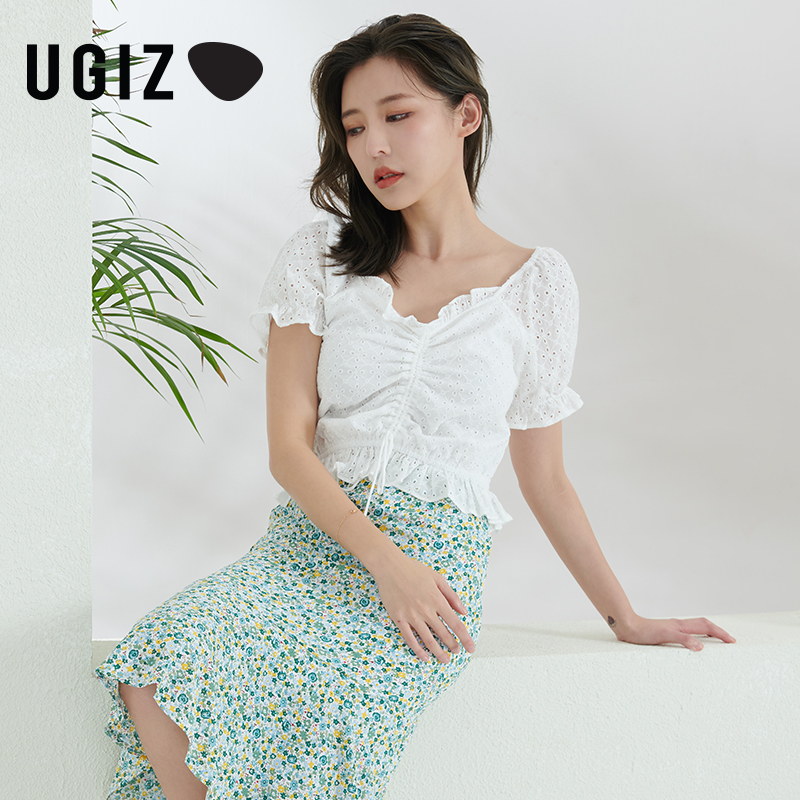 ugiz2021夏季新品泡泡袖抽绳衬衫